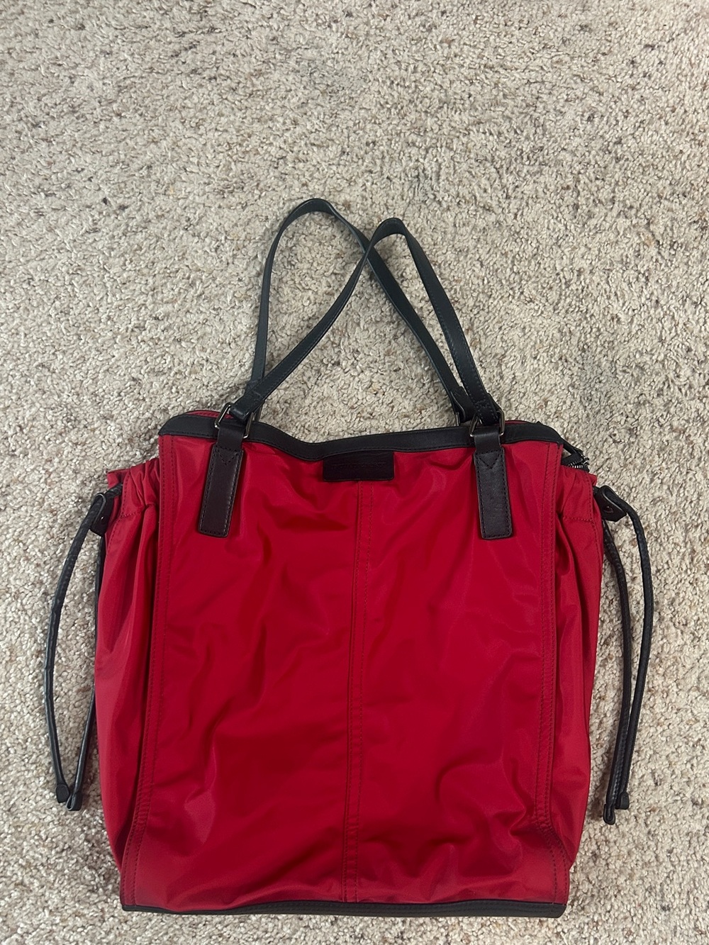 Red Burberry Buckleigh Nylon Tote Bag with Black Leather Trim